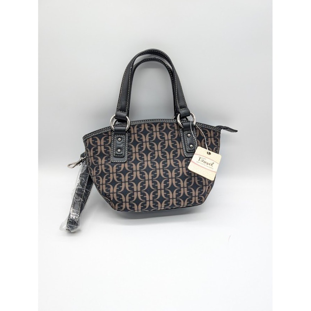 VTG Fossil Signature Satchel Handbag Monogram Canvas Leather Trim‎ CrossbodyNEW
